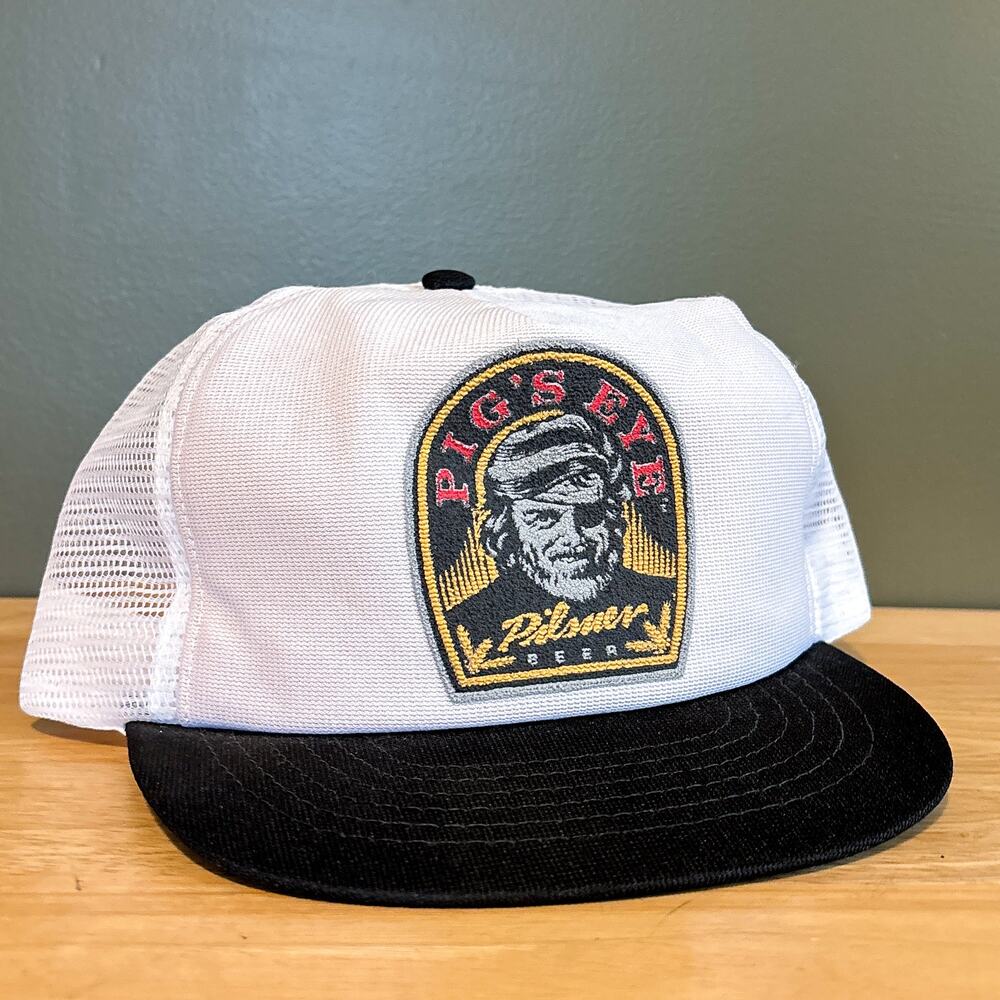 Vintage Pig's Eye Pilsner Beer White Black Patch Mesh Trucker Snapback Hat